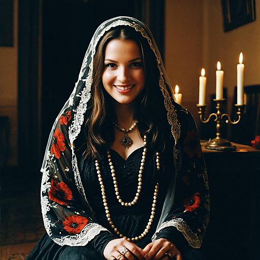 Young Woman in Traditional Black Dress with Lace Shawl and Pearls by Candlelight