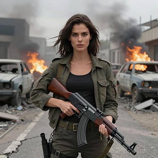 Woman Holding Assault Rifle in War-Torn Street with Burning Cars