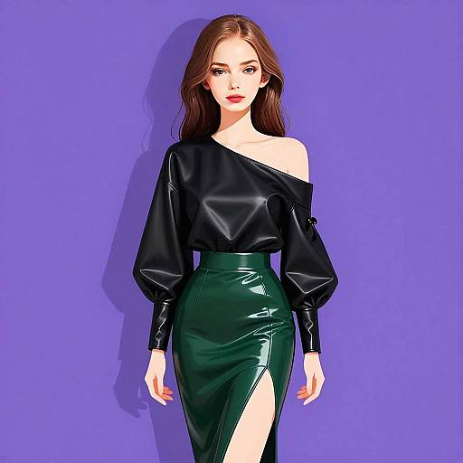 Woman in Black Leather Cold-Shoulder Top and Green High-Slit Skirt Fashion Portrait
