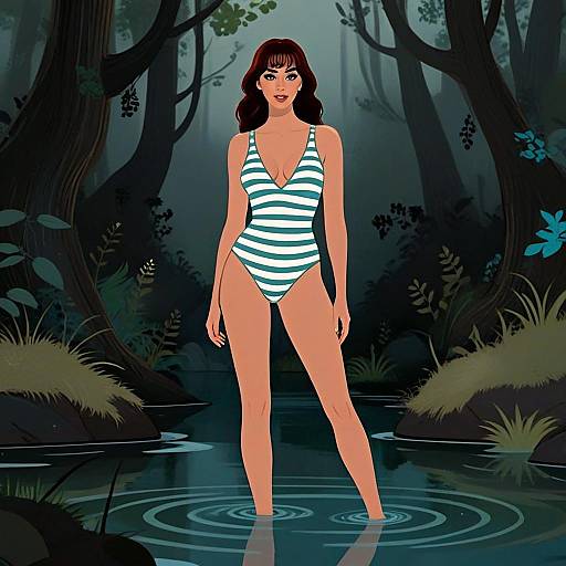 Young Woman in Striped Swimsuit Standing in Forest Water Digital Illustration