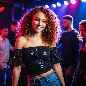 Confident Woman in Nightclub with Colorful Lights