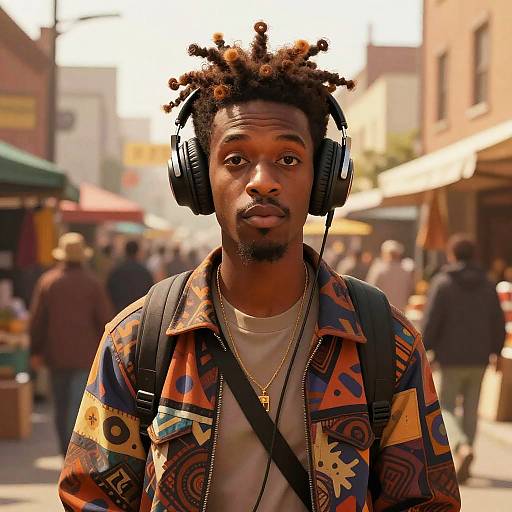 Gen Z Young Man Wearing Headphones in Urban Market Street Style