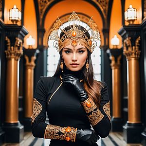 Confident Woman in Elegant Black Outfit with Gold Accents
