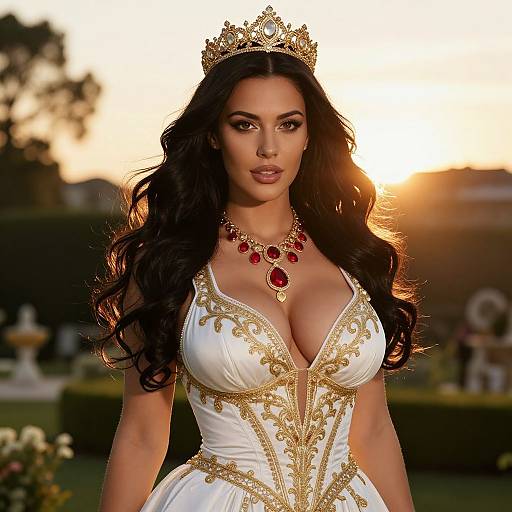 Elegant Woman in White and Gold Gown with Regal Crown at Sunset