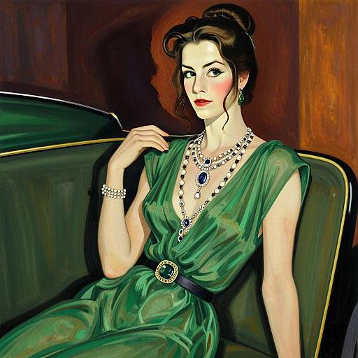 Elegant Woman in Green Gown Wearing Pearl and Gemstone Jewelry Art Deco Style