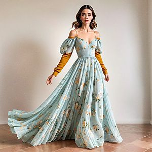 Elegant Woman in Pastel Blue Floral Gown