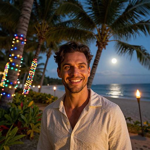 Smiling Man on Tropical Beach with Palm Trees and Colorful Lights at Twilight