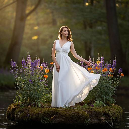 Woman in White Dress Standing on Mossy Island with Flowers in Forest Pond