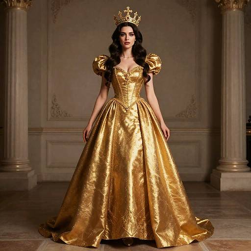 Queen in Golden Dress and Crown Standing in Elegant Underworld Costume