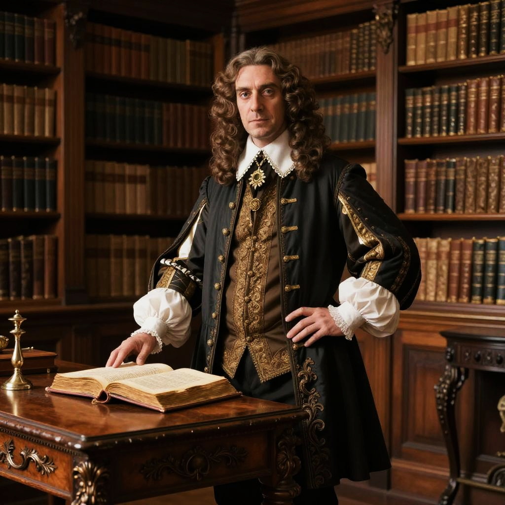 Man in 17th Century Historical Costume in Vintage Library