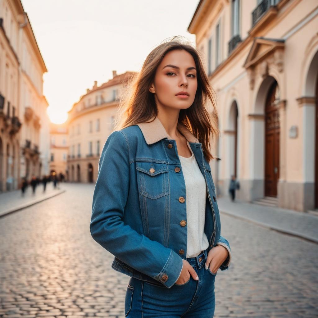 Young Woman in Denim Jacket on European Cobblestone Street at Sunset