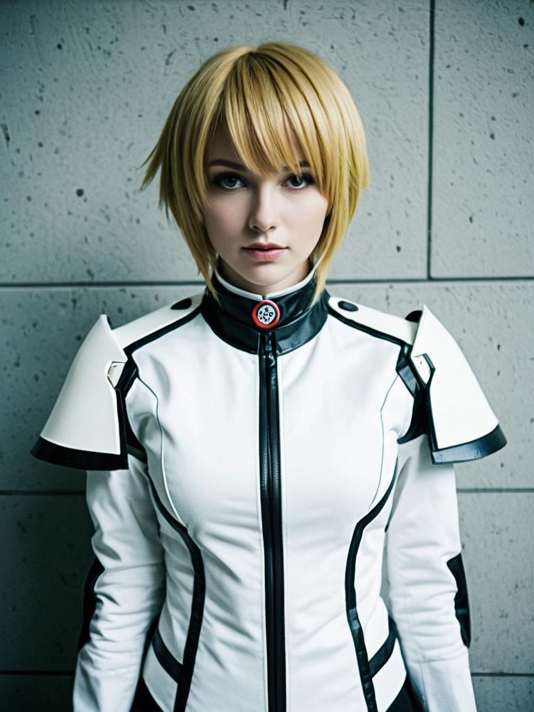 Woman in Realistic Aigis Cosplay Costume