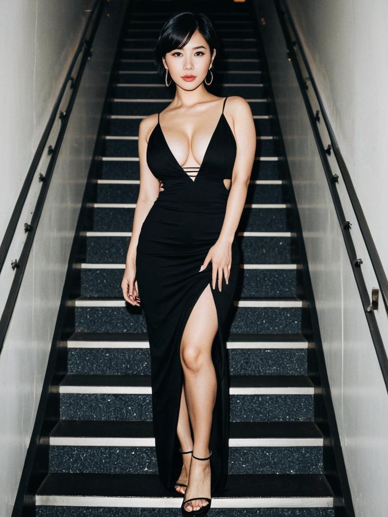 Elegant Woman in Black Evening Gown on Staircase