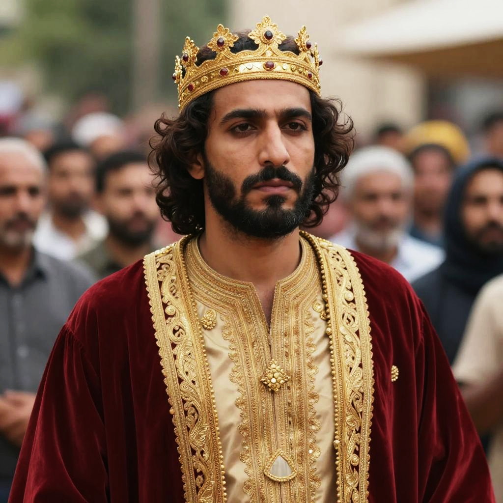 Man Wearing Golden Crown and Embroidered Royal Robe