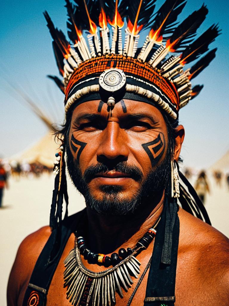 Close-Up Portrait of Man in Burning Man Tribal Outfit with Flaming Headdress