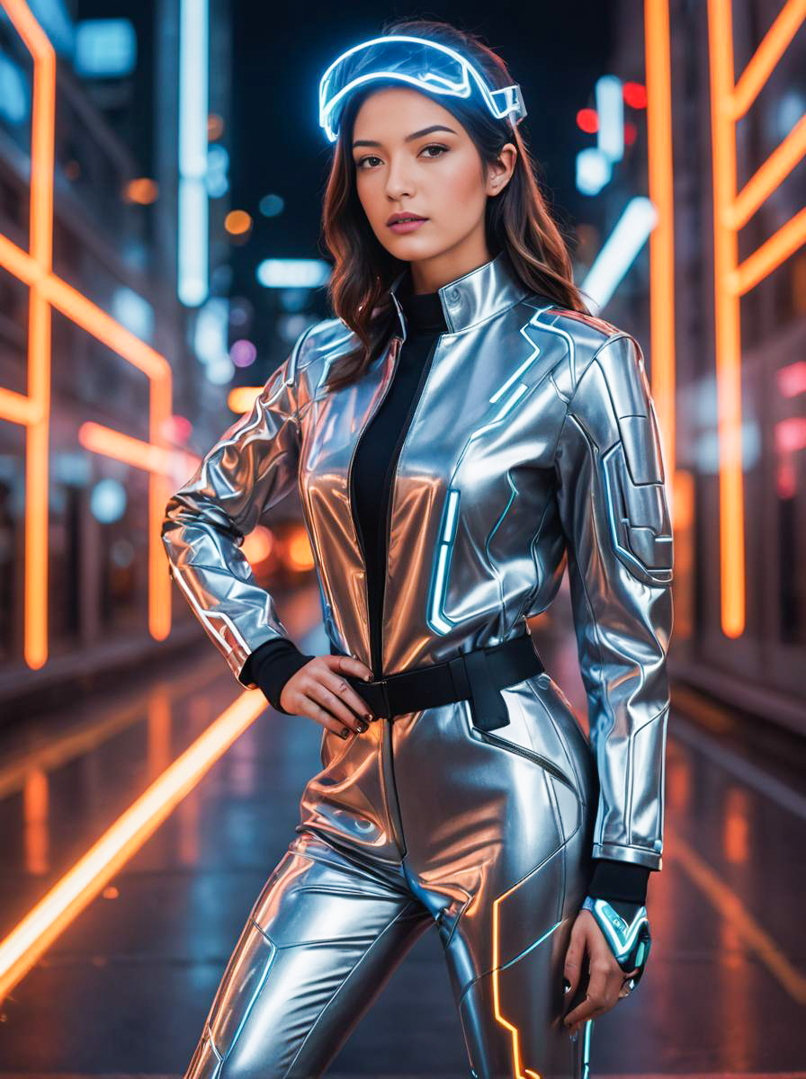 Futuristic Woman in Metallic Suit with Neon Background