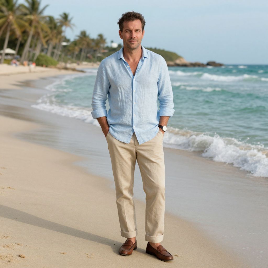 Man in Linen Shirt and Beige Pants on Beach by the Ocean