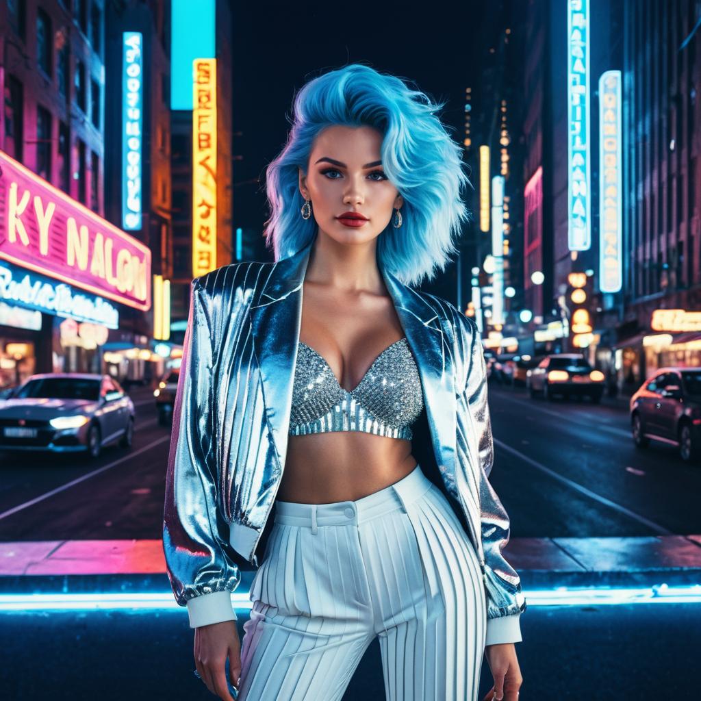 Futuristic Woman with Blue Hair in Neon City Night Fashion Outfit
