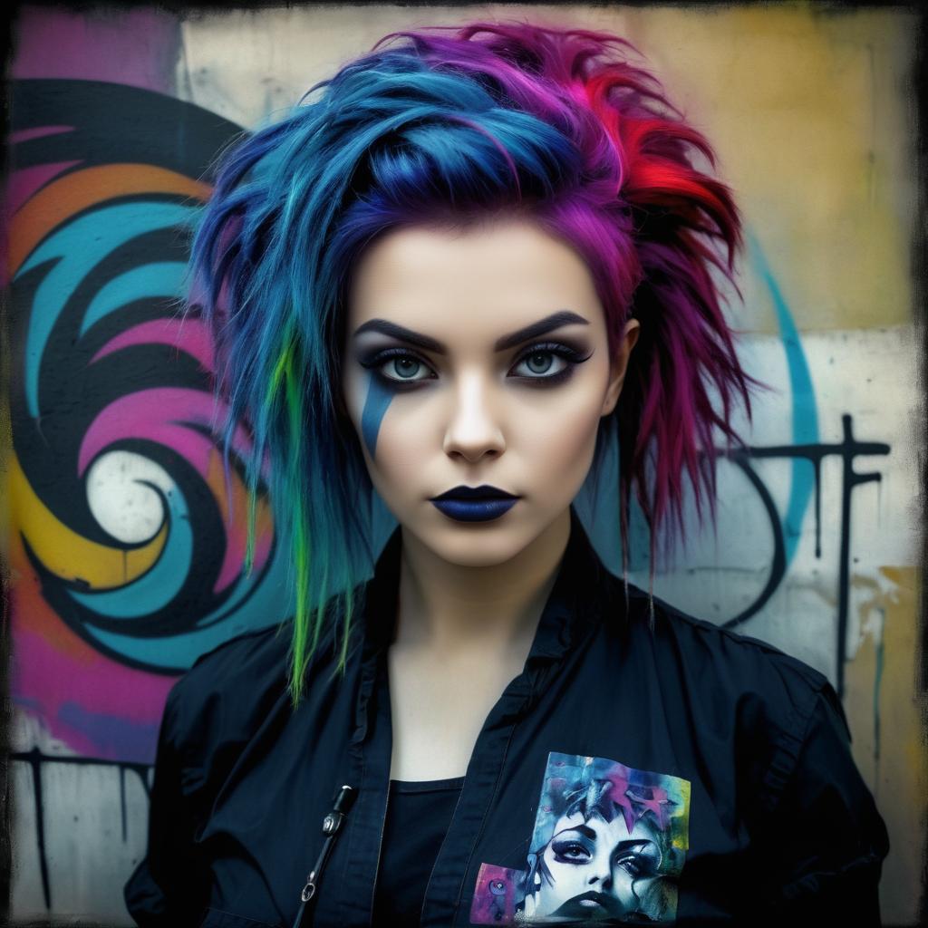 Young Woman with Multicolored Hair and Bold Makeup