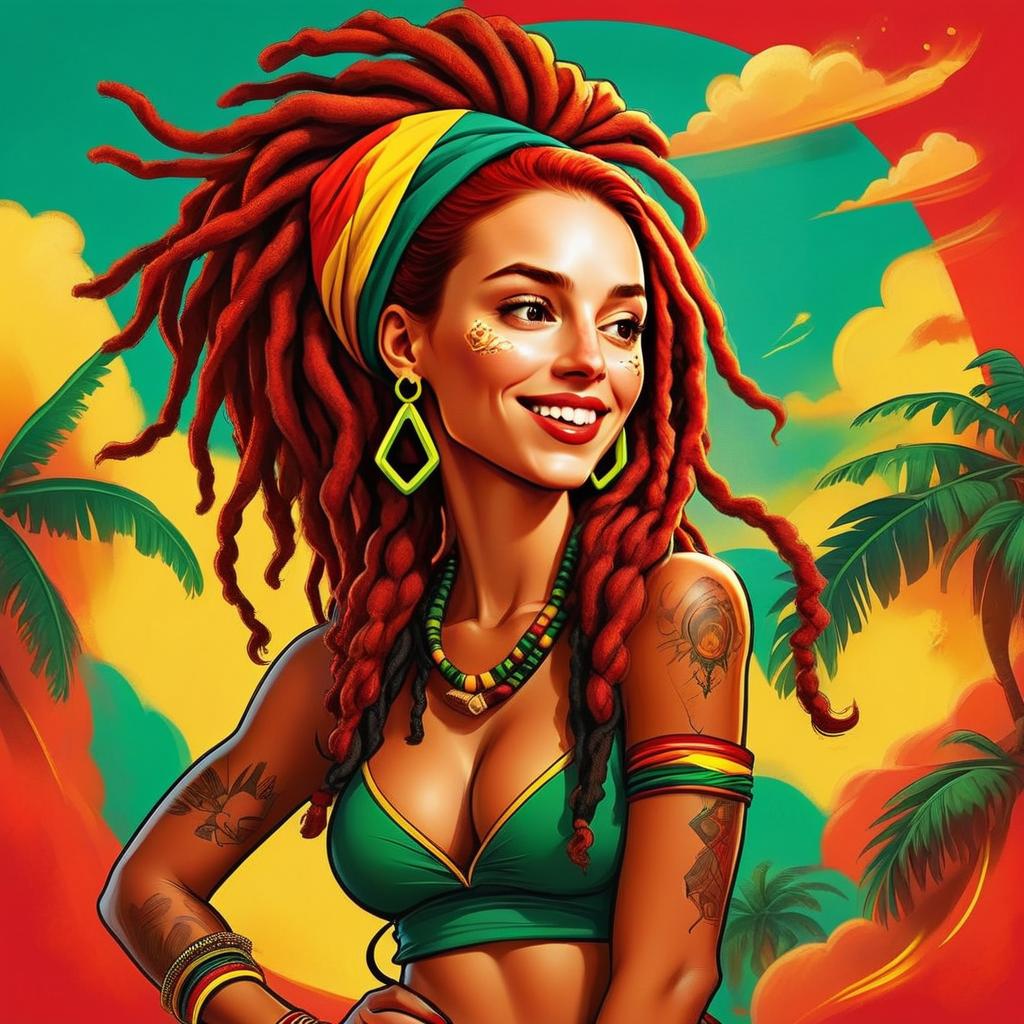 Smiling Woman with Red Dreadlocks in Reggae Attire