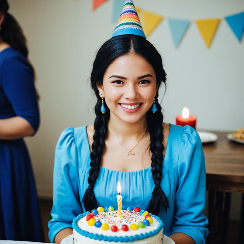 Young Woman Celebrating Birthday with Cake and Party Hat