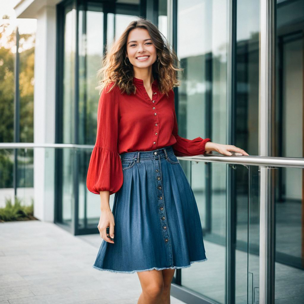 Confident young woman in red blouse near modern glass building Confident young woman in red blouse near modern glass building