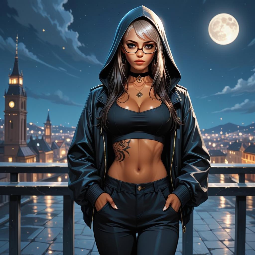 Confident Woman in Urban Nightscape Digital Art with Hooded Jacket
