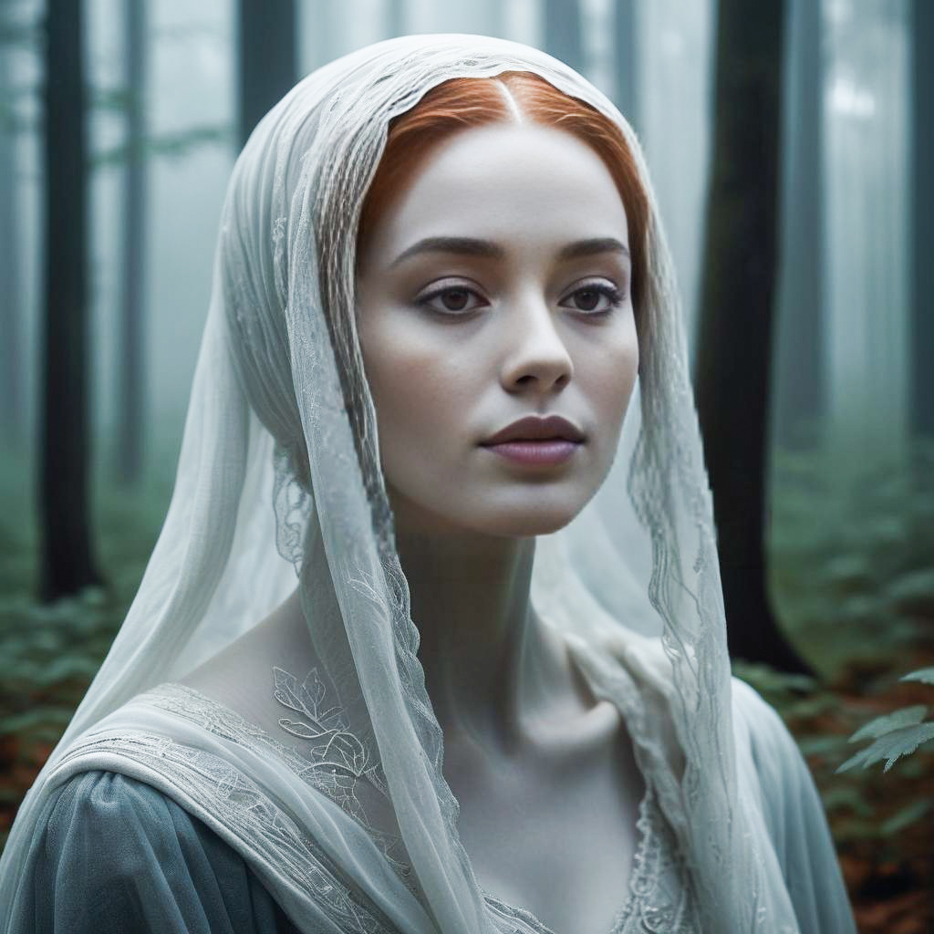 Serene young woman in lace veil in misty forest