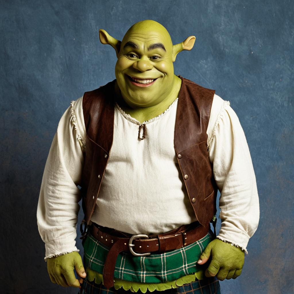 Smiling Green-Skinned Ogre in Kilt