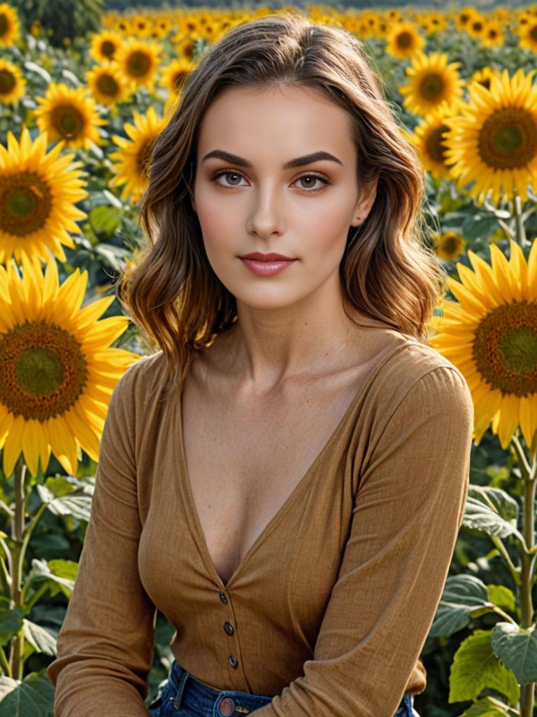 Woman in Earth Tone Top and Denim in Sunflower Field