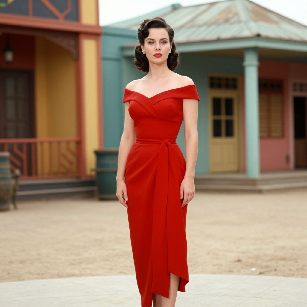Elegant Woman in Vintage Red Off-Shoulder Dress Outdoors