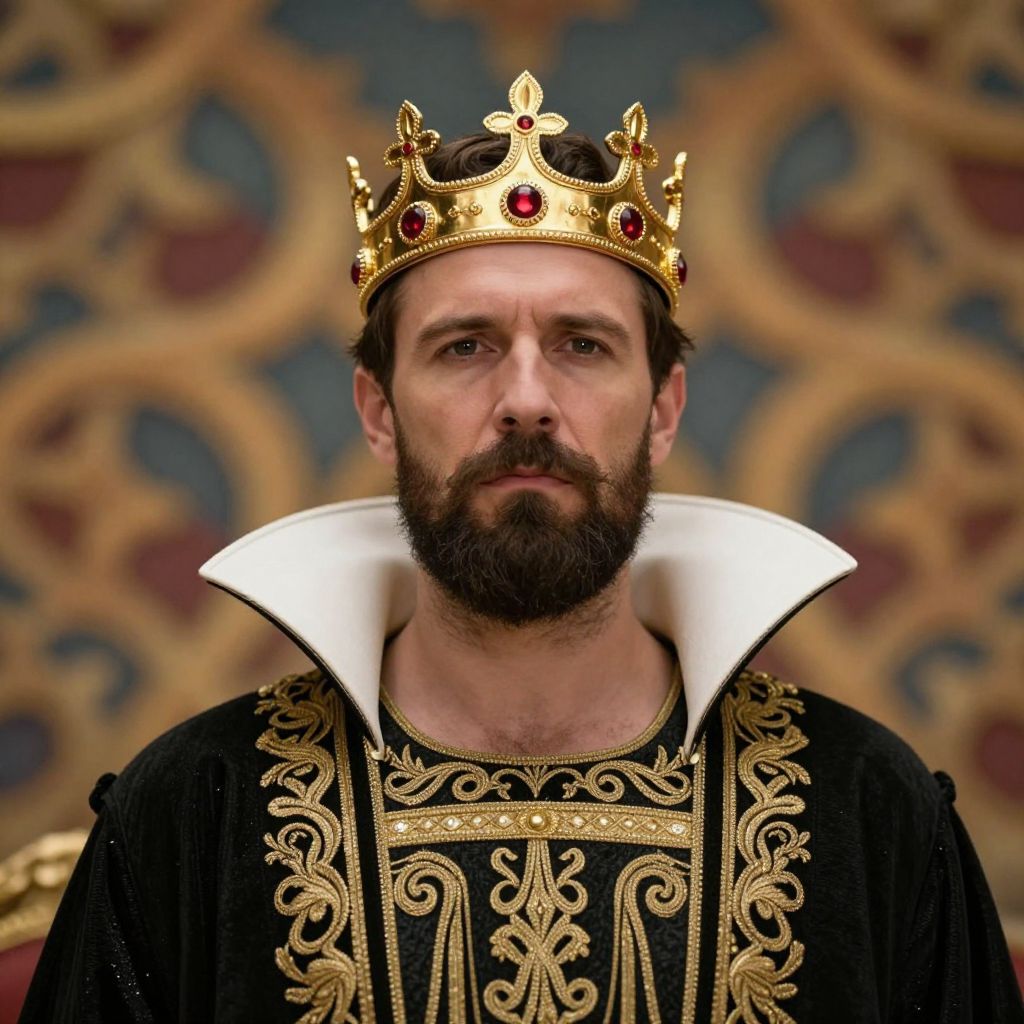 Regal Man Wearing Ornate Golden Crown and Embroidered Black Robe