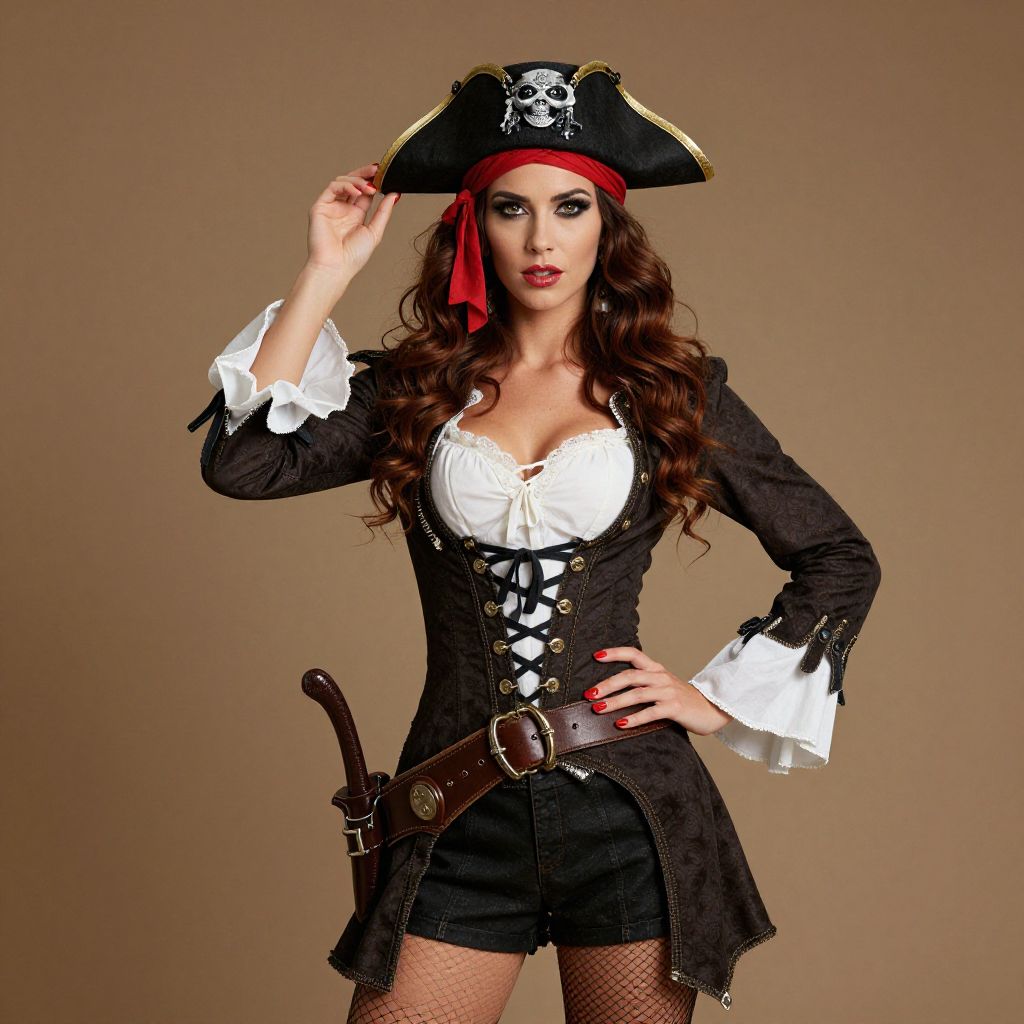 Confident Woman in Detailed Pirate Costume with Skull Hat