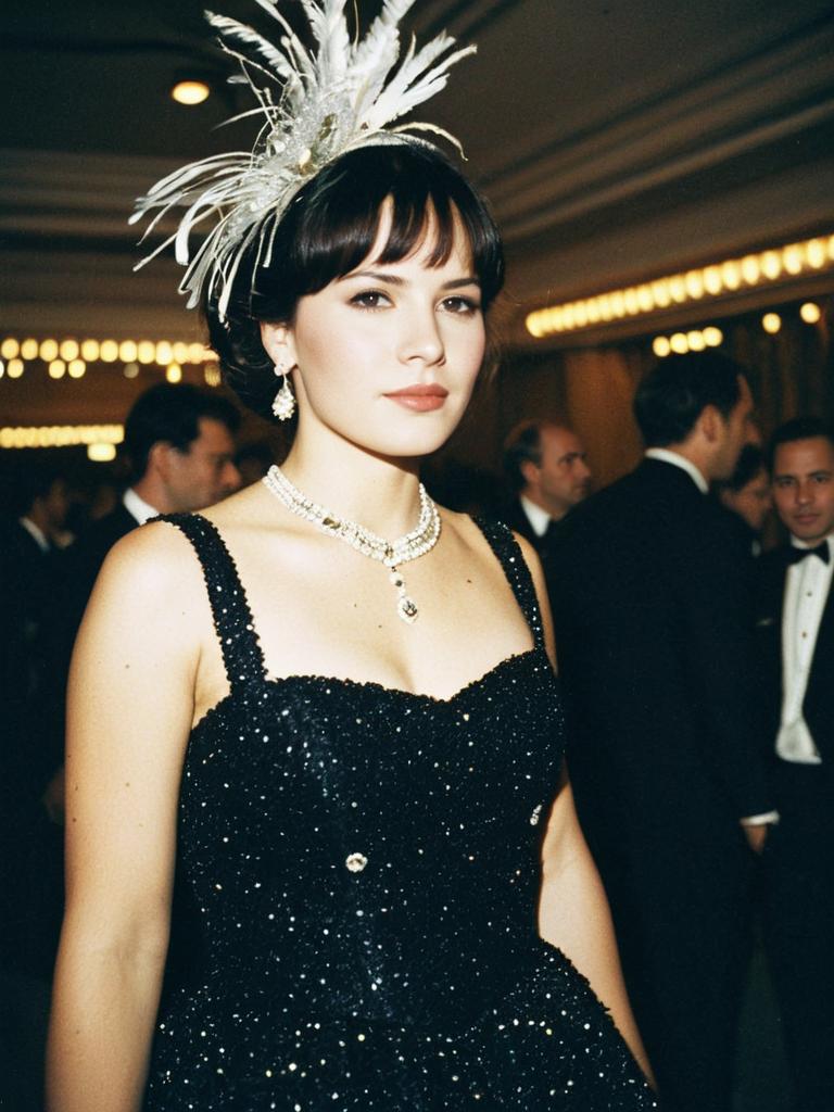 Elegant Woman in Sparkling Black Gala Outfit with Feathered Headpiece