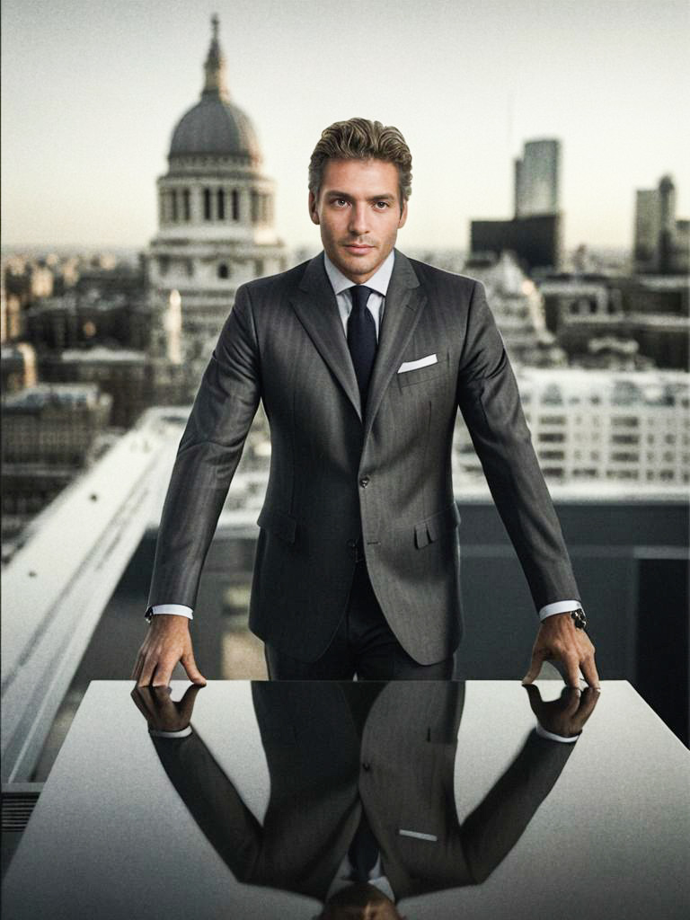 Confident Man in Gray Suit with Cityscape