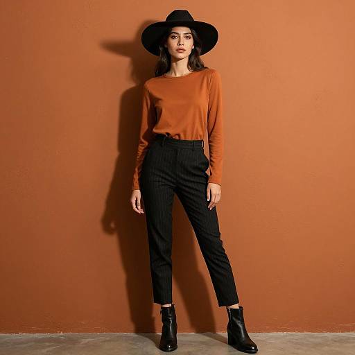 Stylish Woman in Rust Top and Black Hat Against Brown Background