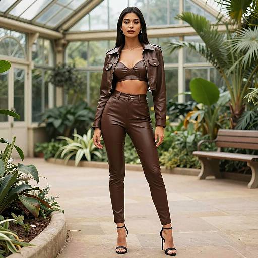 Petite Woman in Edgy Glam Chocolate Brown Faux Leather Outfit