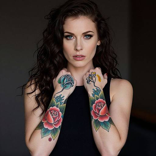 Woman with Colorful Floral Forearm Tattoos and Blue Eyes