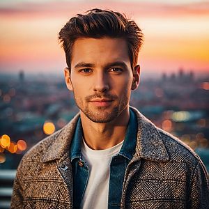 Confident young man in stylish outfit at sunset