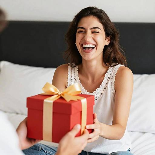 Happy Woman Receiving Gift Box with Golden Ribbon