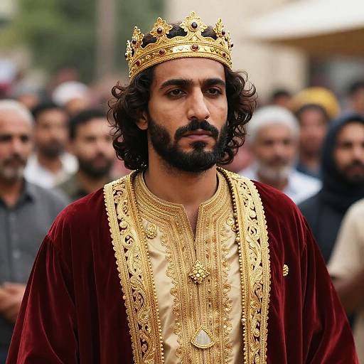 Man Wearing Golden Crown and Embroidered Royal Robe