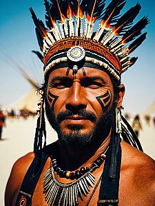 Close-Up Portrait of Man in Burning Man Tribal Outfit with Flaming Headdress