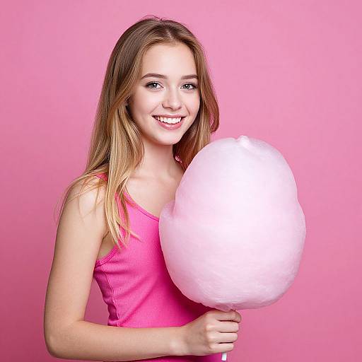 Young Woman Holding Large Pink Cotton Candy on Pink Background