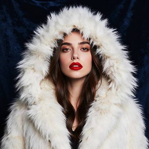 Stylish Woman in White Fur Hooded Coat with Red Lipstick Gen Z Fashion