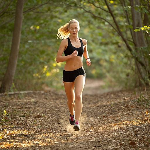Woman Running on Forest Trail in Black Athletic Wear