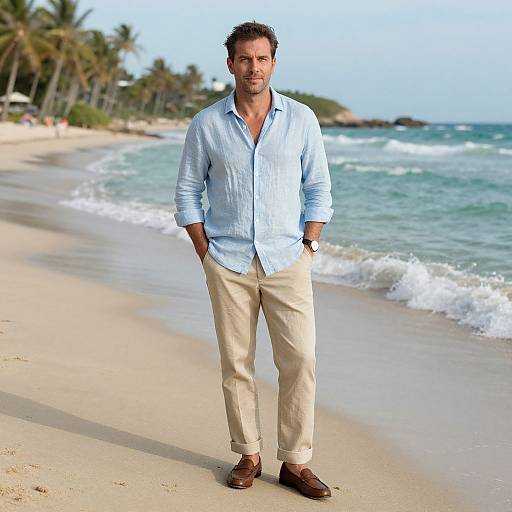 Man in Linen Shirt and Beige Pants on Beach by the Ocean