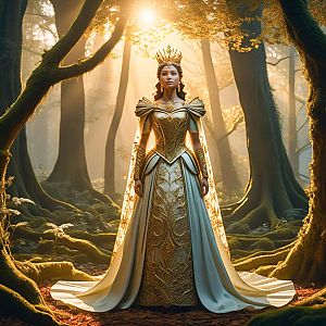 Woman in Golden Gown in Mystical Forest