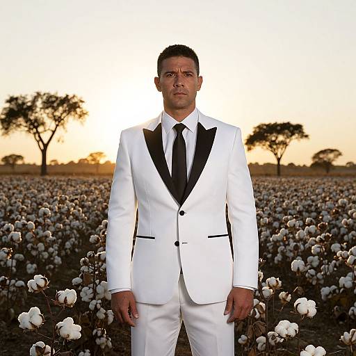 Man in White Tuxedo Standing in Cotton Field at Sunset