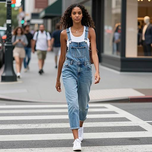 Young Woman Walking in Denim Overalls on City Street