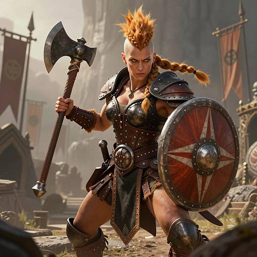 Fierce Warrior Woman with Axe and Shield in Fantasy Battle Scene